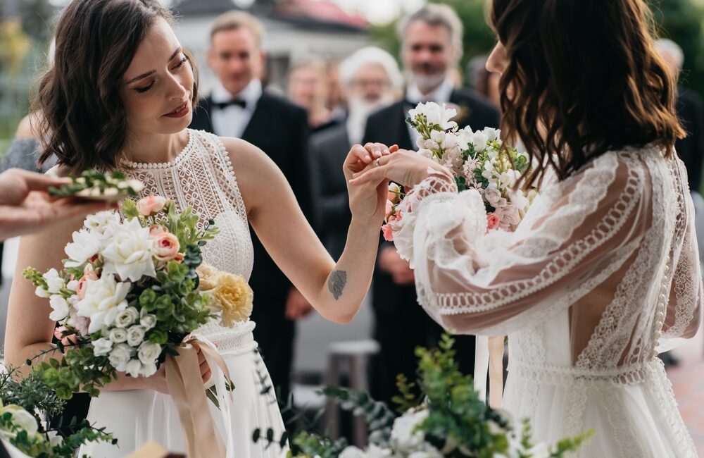 Cu,View,Of,Two,Lgbt,Females,Lesbians,Brides,Exchanging,Rings